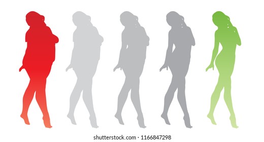 Vector conceptual fat overweight obese female vs slim fit healthy body after weight loss or diet with muscles thin young woman isolated. Fitness, nutrition or fatness obesity, health silhouette shape
