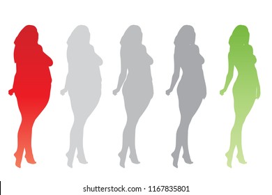Vector conceptual fat overweight obese female vs slim fit healthy body after weight loss or diet with muscles thin young woman isolated. Fitness, nutrition or fatness obesity, health silhouette shape