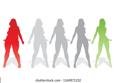 Vector conceptual fat overweight obese female vs slim fit healthy body after weight loss or diet with muscles thin young woman isolated. Fitness, nutrition or fatness obesity, health silhouette shape