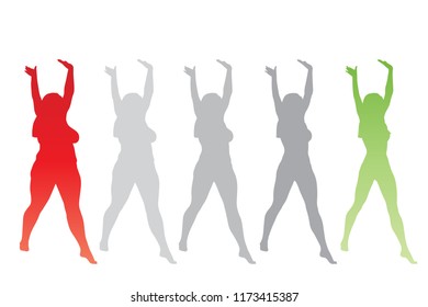 Vector conceptual fat overweight obese female vs slim fit healthy body after weight loss or diet with muscles thin young woman isolated. Fitness, nutrition or fatness obesity, health silhouette shape