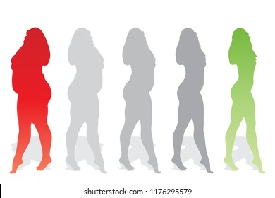 Hembra obesa vectorial con sobrepeso de grasa conceptual frente a cuerpo delgado saludable después de la pérdida de peso o dieta con músculos delgados mujer joven aislada. Gimnasio, nutrición u obesidad por enfermedad, forma de silueta de salud