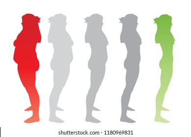 Vector conceptual fat overweight obese female vs slim fit healthy body after weight loss or diet with muscles thin young woman isolated. Fitness, nutrition or fatness obesity, health silhouette shape