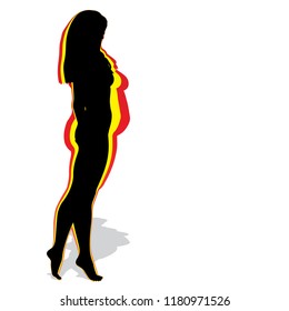 Hembra obesa vectorial con sobrepeso de grasa conceptual frente a cuerpo delgado saludable después de la pérdida de peso o dieta con músculos delgados mujer joven aislada. Gimnasio, nutrición u obesidad por enfermedad, forma de silueta de salud