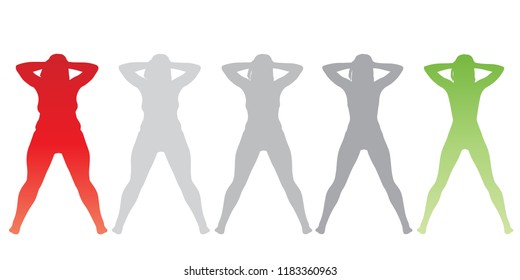 Vector conceptual fat overweight obese female vs slim fit healthy body after weight loss or diet with muscles thin young woman isolated. Fitness, nutrition or fatness obesity, health silhouette shape