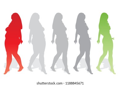 Vector conceptual fat overweight obese female vs slim fit healthy body after weight loss or diet with muscles thin young woman isolated. Fitness, nutrition or fatness obesity, health silhouette shape