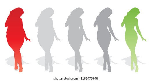 Vector conceptual fat overweight obese female vs slim fit healthy body after weight loss or diet with muscles thin young woman isolated. Fitness, nutrition or fatness obesity, health silhouette shape