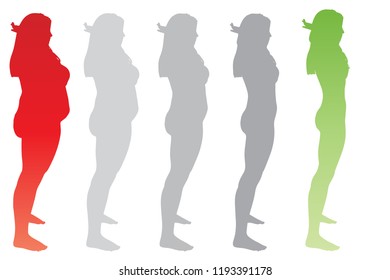 Vector conceptual fat overweight obese female vs slim fit healthy body after weight loss or diet with muscles thin young woman isolated. Fitness, nutrition or fatness obesity, health silhouette shape