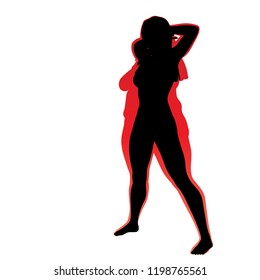 Hembra obesa vectorial con sobrepeso de grasa conceptual frente a cuerpo delgado saludable después de la pérdida de peso o dieta con músculos delgados mujer joven aislada. Gimnasio, nutrición u obesidad por enfermedad, forma de silueta de salud