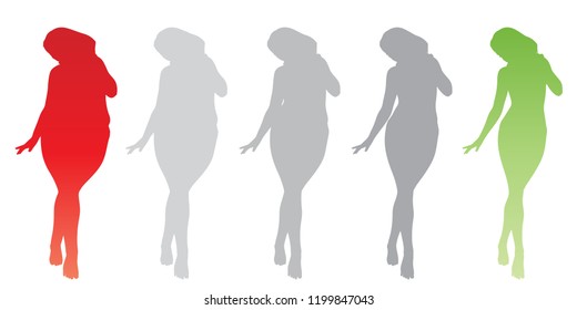 Vektor konzeptuelle Fettübergewicht Fettleibigkeit weiblich vs schlank passen gesunden Körper nach Gewichtsverlust oder Diät mit Muskeln dünnen jungen Frau isoliert. Fitness, Ernährung oder Fettleibigkeit Fettleibigkeit, Silhouettenform