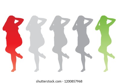 Hembra obesa vectorial con sobrepeso de grasa conceptual frente a cuerpo delgado saludable después de la pérdida de peso o dieta con músculos delgados mujer joven aislada. Gimnasio, nutrición u obesidad por enfermedad, forma de silueta de salud