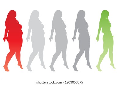 Vector conceptual fat overweight obese female vs slim fit healthy body after weight loss or diet with muscles thin young woman isolated. Fitness, nutrition or fatness obesity, health silhouette shape