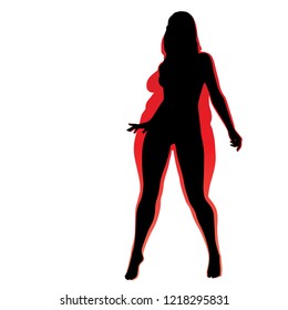 Vector conceptual fat overweight obese female vs slim fit healthy body after weight loss or diet with muscles thin young woman isolated. Fitness, nutrition or fatness obesity, health silhouette shape
