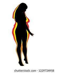 Vetor gordura conceitual obeso obeso feminino vs magro cabem o corpo saudável após a perda de peso ou dieta com músculos magra jovem isolada. Fitness, nutrição ou obesidade gordurosa, forma silhueta de saúde