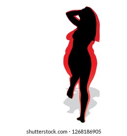 Vector conceptual fat overweight obese female vs slim fit healthy body after weight loss or diet with muscles thin young woman isolated. Fitness, nutrition or fatness obesity, health silhouette shape