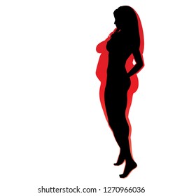 Vector conceptual fat overweight obese female vs slim fit healthy body after weight loss or diet with muscles thin young woman isolated. Fitness, nutrition or fatness obesity, health silhouette shape