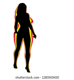 Hembra obesa vectorial con sobrepeso de grasa conceptual frente a cuerpo delgado saludable después de la pérdida de peso o dieta con músculos delgados mujer joven aislada. Gimnasio, nutrición u obesidad por enfermedad, forma de silueta de salud