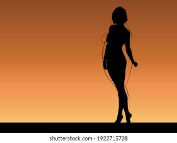 Hembra obesa vectorial con sobrepeso de grasa conceptual frente a cuerpo delgado sano después de la pérdida de peso o dieta con músculos delgados mujer joven al atardecer. Gimnasio, nutrición u obesidad por enfermedad, forma de salud