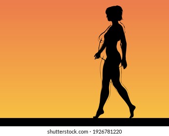 Hembra obesa vectorial con sobrepeso de grasa conceptual frente a cuerpo delgado sano después de la pérdida de peso o dieta con músculos delgados mujer joven al atardecer. Gimnasio, nutrición u obesidad por enfermedad, forma de salud