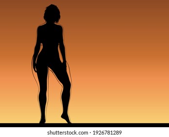 Vector conceptual fat overweight obese female vs slim fit healthy body after weight loss or diet with muscles thin young woman over sunset. Fitness, nutrition or fatness obesity, health shape