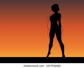 Vector conceptual fat overweight obese female vs slim fit healthy body after weight loss or diet with muscles thin young woman over sunset. Fitness, nutrition or fatness obesity, health shape