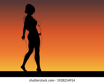 Vektor konzeptuelle Fettübergewicht Fettleibigkeit weiblich vs schlank passen gesunden Körper nach Gewichtsverlust oder Diät mit Muskeln dünnen jungen Frau über Sonnenuntergang. Fitness, Ernährung oder Fettleibigkeit, Gesundheitsform
