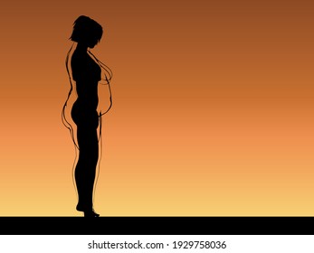 Hembra obesa vectorial con sobrepeso de grasa conceptual frente a cuerpo delgado sano después de la pérdida de peso o dieta con músculos delgados mujer joven al atardecer. Gimnasio, nutrición u obesidad por enfermedad, forma de salud