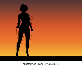Hembra obesa vectorial con sobrepeso de grasa conceptual frente a cuerpo delgado sano después de la pérdida de peso o dieta con músculos delgados mujer joven al atardecer. Gimnasio, nutrición u obesidad por enfermedad, forma de salud