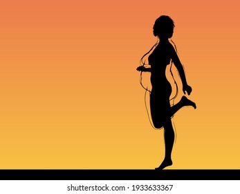 Vector conceptual fat overweight obese female vs slim fit healthy body after weight loss or diet with muscles thin young woman over sunset. Fitness, nutrition or fatness obesity, health shape