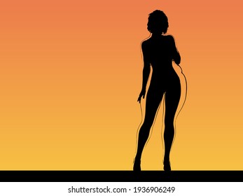 Vector conceptual fat overweight obese female vs slim fit healthy body after weight loss or diet with muscles thin young woman over sunset. Fitness, nutrition or fatness obesity, health shape