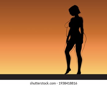 Vector conceptual fat overweight obese female vs slim fit healthy body after weight loss or diet with muscles thin young woman over sunset. Fitness, nutrition or fatness obesity, health shape