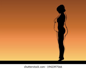 Vector conceptual fat overweight obese female vs slim fit healthy body after weight loss or diet with muscles thin young woman over sunset. Fitness, nutrition or fatness obesity, health shape