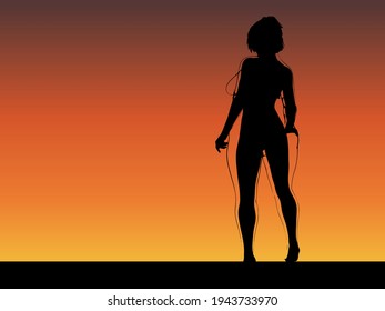 Hembra obesa vectorial con sobrepeso de grasa conceptual frente a cuerpo delgado sano después de la pérdida de peso o dieta con músculos delgados mujer joven al atardecer. Gimnasio, nutrición u obesidad por enfermedad, forma de salud