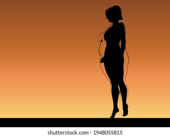 Vector conceptual fat overweight obese female vs slim fit healthy body after weight loss or diet with muscles thin young woman over sunset. Fitness, nutrition or fatness obesity, health shape
