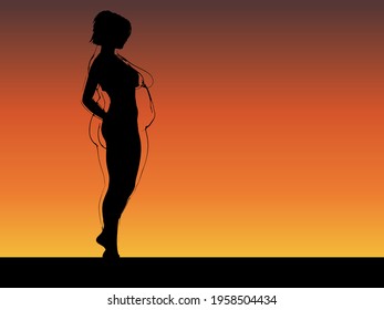 Vector conceptual fat overweight obese female vs slim fit healthy body after weight loss or diet with muscles thin young woman over sunset. Fitness, nutrition or fatness obesity, health shape