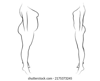 Vector conceptual fat overweight obese female vs slim fit healthy body after weight loss or diet with muscles thin young woman isolated. Fitness, nutrition or fatness obesity, health silhouette shape