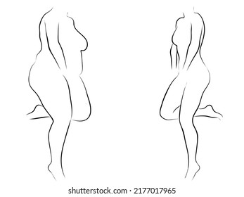 Vector conceptual fat overweight obese female vs slim fit healthy body after weight loss or diet with muscles thin young woman isolated. Fitness, nutrition or fatness obesity, health silhouette shape