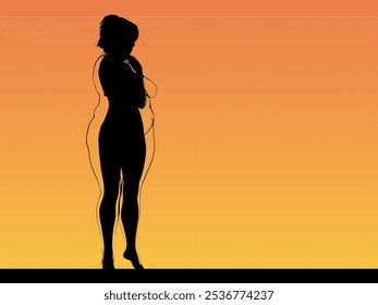 Vector conceptual fat overweight obese female vs slim fit healthy body after weight loss or diet with muscles thin young woman over sunset. Fitness, nutrition or fatness obesity, health shape