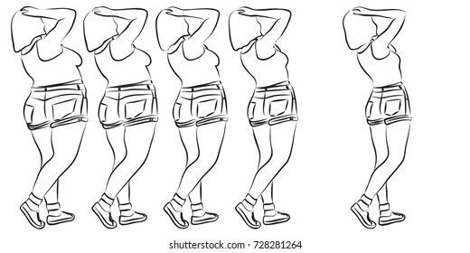 Vector conceptual fat overweight obese female vs slim fit healthy body after weight loss or diet with muscles thin young woman isolated. Fitness, nutrition or fatness obesity, health black brush shape