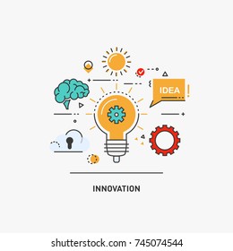 Vector conceptual flat line illustrations. Idea and innovation. Bulb and other elements such as gear, cloud, speech balloon