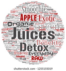 Vector conceptual fresh natural fruit or vegetable juices round circle red healthy diet organic beverage word cloud isolated background. Collage of green exotic, tropical raw nutrition concept design