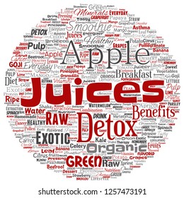 Vector conceptual fresh natural fruit or vegetable juices round circle red healthy diet organic beverage word cloud isolated background. Collage of green exotic, tropical raw nutrition concept design