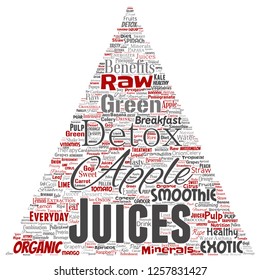Vector conceptual fresh natural fruit or vegetable juices triangle arrow red healthy diet organic beverage word cloud isolated background. Collage of green exotic, tropical raw nutrition concept