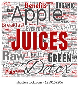 Vector conceptual fresh natural fruit or vegetable juices square red healthy diet organic beverages word cloud isolated background. Collage of green exotic or tropical raw nutrition concept design