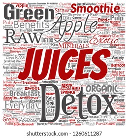 Vector conceptual fresh natural fruit or vegetable juices square red healthy diet organic beverages word cloud isolated background. Collage of green exotic or tropical raw nutrition concept design