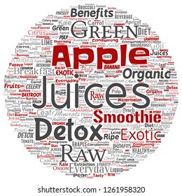 Vector conceptual fresh natural fruit or vegetable juices round circle red healthy diet organic beverage word cloud isolated background. Collage of green exotic, tropical raw nutrition concept design
