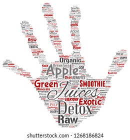 Vector conceptual fresh natural fruit or vegetable juices hand print stamp red healthy diet organic beverage word cloud isolated background. Collage of green exotic, tropical raw nutrition concept