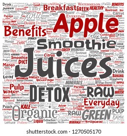 Vector conceptual fresh natural fruit or vegetable juices square red healthy diet organic beverages word cloud isolated background. Collage of green exotic or tropical raw nutrition concept design