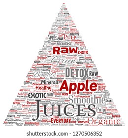 Vector conceptual fresh natural fruit or vegetable juices triangle arrow red healthy diet organic beverage word cloud isolated background. Collage of green exotic, tropical raw nutrition concept