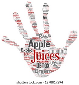 Vector conceptual fresh natural fruit or vegetable juices hand print stamp red healthy diet organic beverage word cloud isolated background. Collage of green exotic, tropical raw nutrition concept