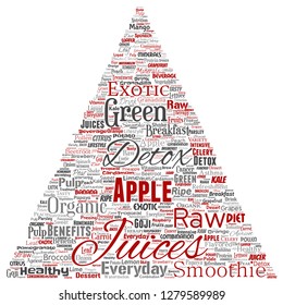Vector conceptual fruta natural fresca o jugos vegetales triángulo flecha roja dieta saludable bebida orgánica nube de palabras aislado fondo. Collage del concepto de nutrición verde exótica, tropical cruda